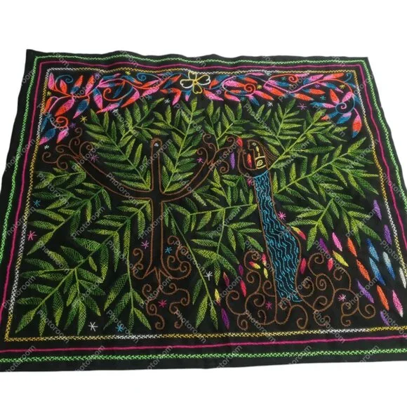 Hand Embroidered Shipibo Blanket Amazon Jungle Mermaid Design